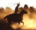 Cowboy riding a horse with the lasso