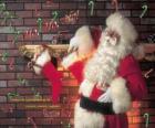 Santa Claus putting gifts in stockings hanging