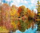 Beautiful landscape of autumn with the reflection of the trees in the water