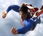 Superman flying into the sky, with closed fists and with his suit coat