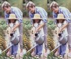 Grandmother teaching her granddaughter to irrigate