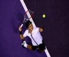 Roger Federer preparing to hit a serve
