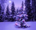 Christmas firs in a snowy landscape with the moon in the sky