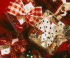 Christmas gifts adorned with ribbons