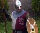 Soldier with helmet, shield and armed with a spear