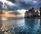 Castle or fortified tower surrounded by a lake