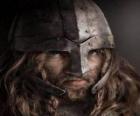 Viking face with mustache and beard and a helmet