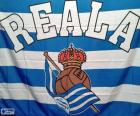 Flag of Real Sociedad , composed of four stripes blue and three white all of the same width, the word REALA and the logo