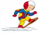 Caillou walking through the snow with snowshoes