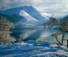 A lake with the snowy landscape