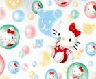 Hello Kitty playing to blow soap bubbles