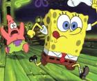 SpongeBob SquarePants and his friend, Patrick Star running