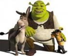 Shrek, the ogre with his friends Donkey and Puss in Boots