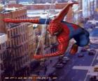 Spider Man moves in a very fast and agile way by the city balancing himself with his spider's web