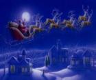 Santa Claus in his magic sleigh pulled by flying reindeer on Christmas night