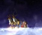 Santa Claus flying on his Christmas sleigh pulled by magical reindeers
