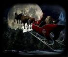 Santa Claus in his magic sleigh pulled by flying reindeer on Christmas night