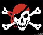 Jolly Roger pirate flag with a skull, two crossbones and a red bandanna