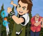 Ben 10 with the alien watch Omnitrix on his wrist next to his cousin Gwen and their grandfather Max