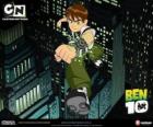 Ben 10 running around the city with the Omnitrix on his wrist