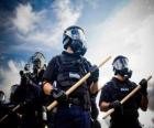 Agents of riot police with baton in hand