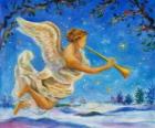 Angel playing a trumpet with a background of winter