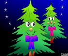 Two happy Christmas trees adorned with a bow ties