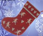 Christmas sock decorated with elves and hearts