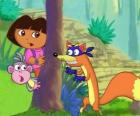 Dora and Boots the monkey hiding the villain of Zorro