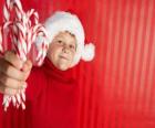 Child with hat of Santa Claus and candy canes in hand