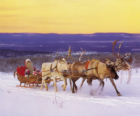 Christmas sleigh pulled by reindeer and loaded with gifts and Santa Claus