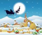 Santa Claus in his flying sleigh pulled by magic reindeer 