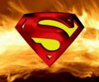 Superman logo with flames in the background