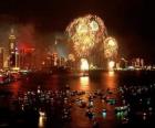 Fireworks in celebration of New Year in Hong Kong