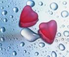 Two red hearts and raindrops