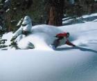 Snowboarder descending in fresh snow