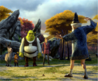 Shrek, the ogre with his friends Donkey, Puss in Boots and Arthur, Merlin watching