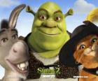 Shrek, the ogre with his friends Donkey and Puss in Boots