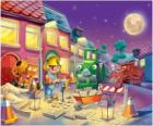 Bob and his friends at night trabajano repairing a city street