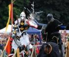 Two knights on horseback participating in a tournament