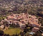 Village in the landscape, with the tower or church steeple