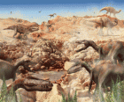 Dinosaurs in a rocky terrain