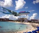 Landing airplane passing over the beach