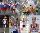 Olga Kaniskina 20 km walk champion, Anisia Kirdiapkina and Vera Sokolova (2nd and 3rd) of the European Athletics Championships Barcelona 2010