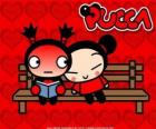 Pucca and Garu sitting on a park bench