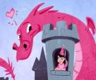 Princess in her castle watched by a great dragon