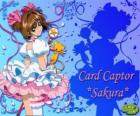 Sakura, the card captor with one of her dresses next to Kero