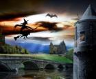 Enchanted castle on Halloween night with the witch flying on her magic broom