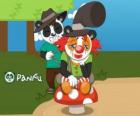 Panfu clown sitting on a mushroom, while another annoying panda