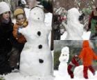 Children playing with a snowman